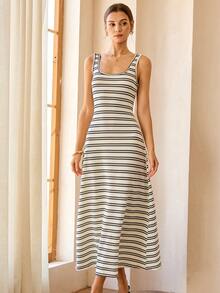 Robe longue minimaliste Lymera, nouvelle mode décontractée, généreux design col en U, texture à rayures bicolores noir et blanc, tissu bicolore apricot - Multicolore - Voir 3