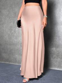 Glamine Elegant Versatile Black Satin Skirt For Women, Girly Style Maxi Women Outfit Long Skirt Satin Maxi Skirt Elegant Skirt Silk Skirt Long Skirt With Slit Satin Maxi Dress - Coral Pink - View 3