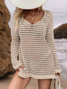 EMERY ROSE Summer Holiday Beach Leisure Loose Knitted Cover-Up Hollow-Out Summer Sweater - Khaki - View 4