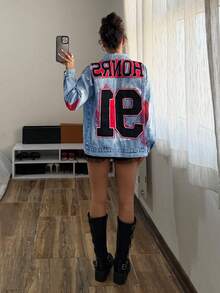 StreetHx 女士字母印花长袖单排扣休闲宽松牛仔外套 - 藍色 - 查看 2