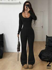 Coolane Women's Fall/Winter Streetwear Casual Laine Stretchy Comfortable Brown V-Neck T-Shirt And Petite Bell Bottoms Sweater,2pcs - Black - View 1