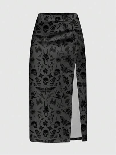 Gothic Dark Mysterious Skull, Butterfly & Leaf Print High Slit Sexy Women Skirt