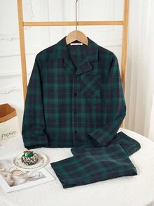 2 件男童休闲经典格子衬衫和裤子套装，长袖家居服 - 綠色 - 查看 3