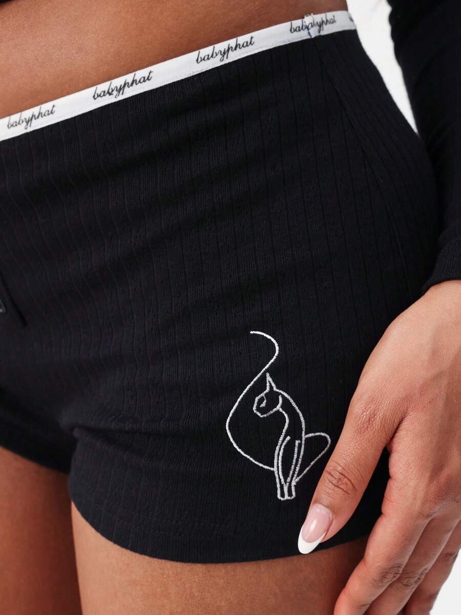 BABYPHAT Ribbed Logo Pajama Shorts With Button Front And Contrast Trim Details For Cozy Night Sleep Loungewear - Black - View 1