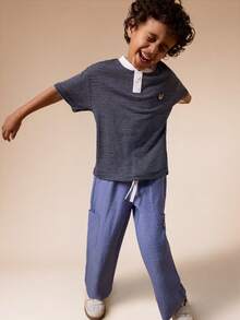 SUMWON Boys Casual Henley T-Shirt And Pants Set Striped Short Sleeve Placket Top With Matching Solid Straight Leg Trousers Kids Summer Two Piece Outfit Vacation - Blue - View 5