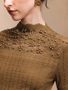 Arave Women's High-Elastic Velvet Lace Knit Fabric, Fitted Design With Structured Shoulders, Hand-Beaded Lace Trim, Elegant Date Top Elegant Fitted Round Neck Lace Long Sleeve Women T-Shirt Blouses For Women Party  Valentine's Day - Mustard Yellow - View 6