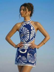 CAJUNI 女士藏蓝色贝壳印花迷你连衣裙 | 柔软轻盈面料，高领露背设计，无袖，修身直筒廓形，腰部镂空，露背双条纹蝴蝶结，航海元素，度假风，浪漫性感夏日风格，沙滩裙，休闲夏日假日