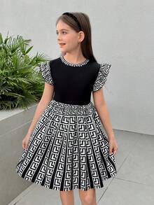 Firerie Kids Tween Girls Black Contrast Print Ruffle Hem Knit A-Line Dress, Waist Cinched, Princess Style, Casual & Fashionable For Daily Wear