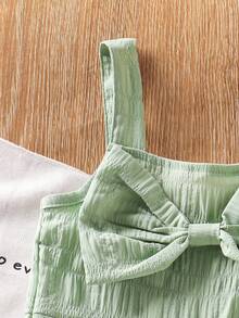 Genkimix Kids 夏季新款女童休闲度假清新格纹面料蝴蝶结肩带松紧腰连体裤 - 綠色 - 查看 4