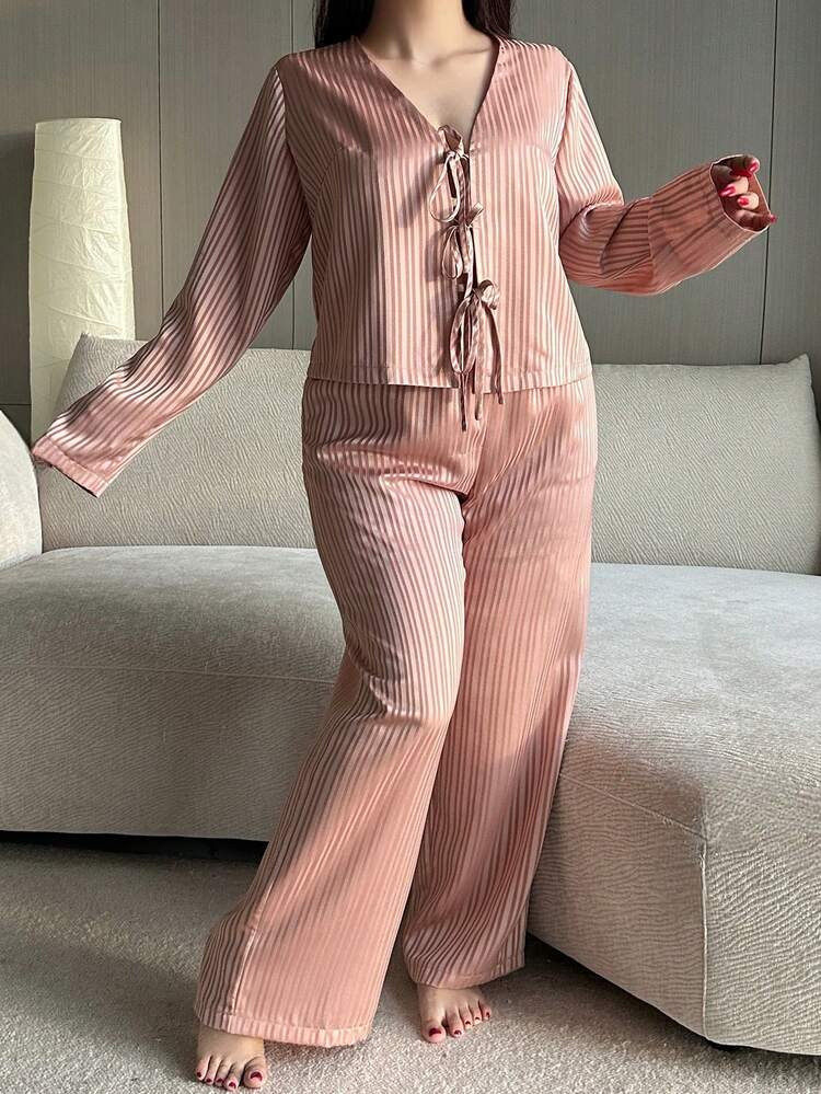 Dazy Plus Plus Size Women Elegant Striped Loose Tie Waist Long Sleeve Top And Straight Leg Pants Pajama Set, Spring/Summer
