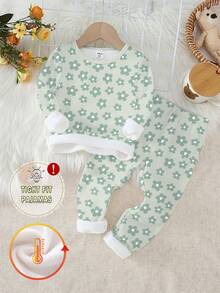 2件套女童碎花针织加厚抓绒圆领长袖上衣和打底裤家居服套装，冬季 - 彩色 - 查看 4