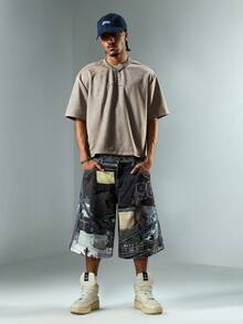 ROMWE MEN Street Life Men's Digital Dark Academy Denim Shorts - Blue - View 7