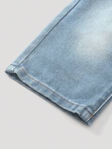 SHEIN Playful Pals 女婴休闲百搭简约Y2K街头风做旧宽松直筒水洗蓝色舒适牛仔裤，适合日常穿着 - 淺色水洗藍 - 查看 3