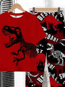 男童休闲简约风，时尚经典，Y2K风格，恐龙印花，涂鸦图案，运动休闲风，简约时尚圆领短袖T恤和裤子套装，适合春夏穿着 - 彩色 - 查看 6