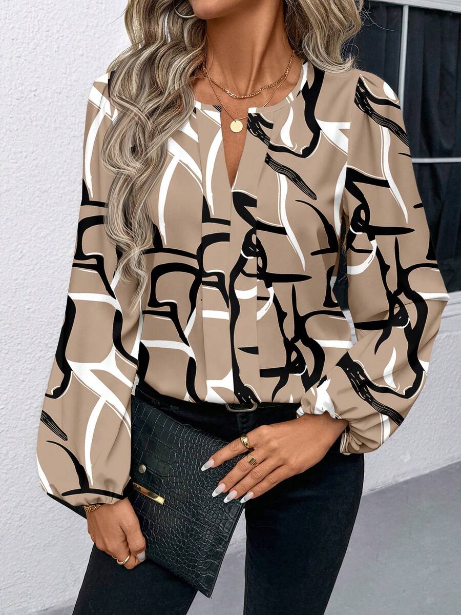 EMERY ROSE Women's Casual All-Over Print Notch Collar Shirt, Suitable For Spring And Autumn Carnival - Khaki - View 1