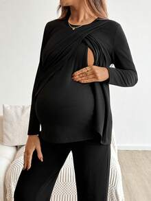 SHEIN 孕妇纯色长袖上衣、长裤和短裤哺乳套装，女士两件套，舒适两件套，女士裤装短裤套装，女士两件套服装 - 黑色 - 查看 5