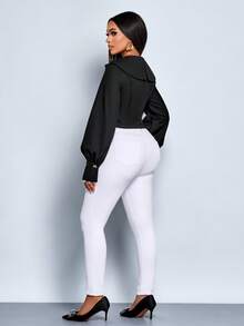 SOLERSUN Veste pour femmes en tissu épuré pour l'automne et l'hiver, avec fente à l'ourlet, manches lanternes épousant la taille, col tailleur ample, style simple, convient pour le port quotidien et les déplacements - Noir - Voir 2