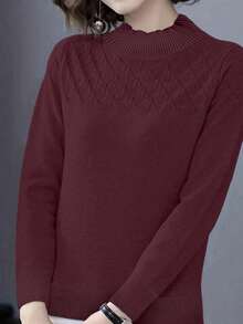 EMERY ROSE 女式时尚休闲蓝色高领毛衣 - 酒紅色 - 查看 3