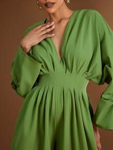 Hauture Women's Sexy Elegant Daily Low Front With Ruched Puff Sleeves And Plated Wide Leg Pant Jumpsuit - Green - View 4