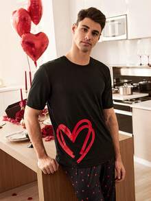 SHEIN Men's Ribbed Heart Print Short Sleeve & Pants Casual Pajama Set - Black - View 4