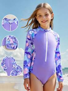 SHEIN 新款时尚女童拼接印花泳衣套装