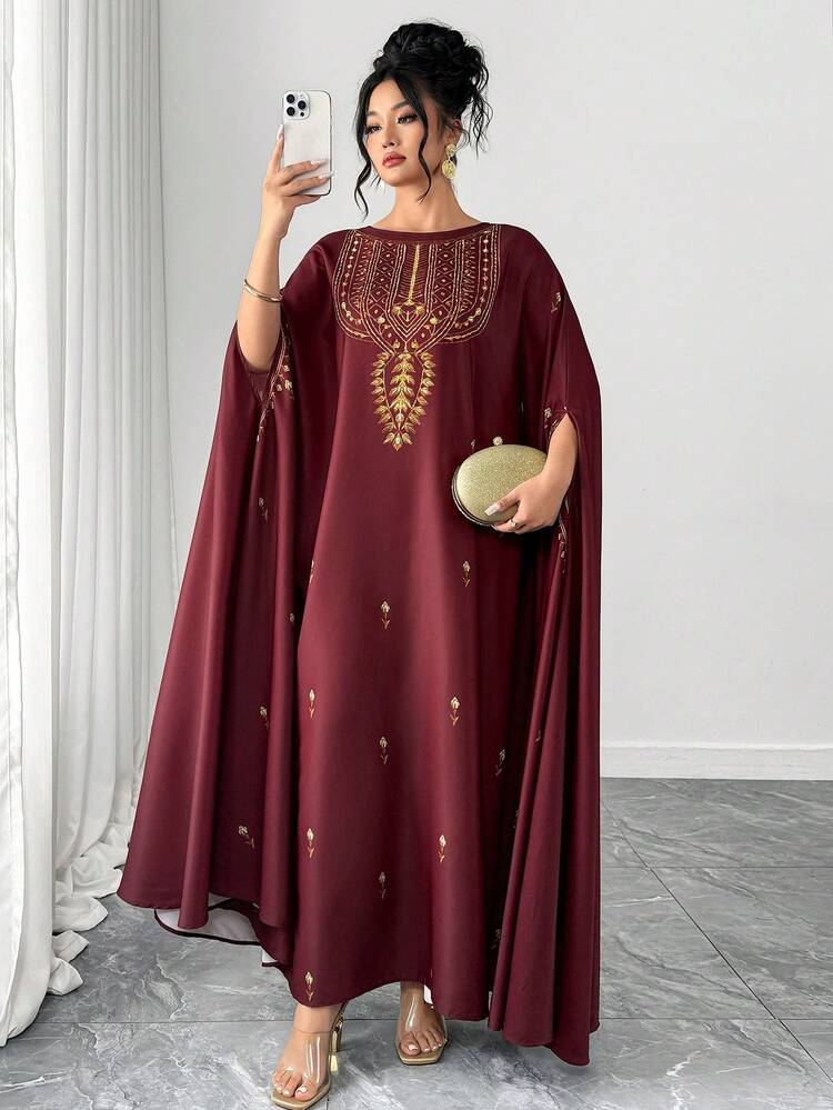 Dazy Plus Loose Robe, Round Neck, Printed Pattern, Sequin Decor, Plus Size, Red, Spring/Summer Maxi Dress Sundress