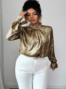 Elenzga Áo sơ mi nữ cỡ lớn thanh lịch, sang trọng, thích hợp cho công sở, với chi tiết ánh vàng, cổ áo xếp nếp, đính ngọc trai, xẻ tà sau, cúc nấm, cổ tay áo xếp ly, tay dài, dáng rộng, tôn dáng, phong cách thường ngày, thích hợp cho mùa xuân/thu. - Vàng - Xem 5