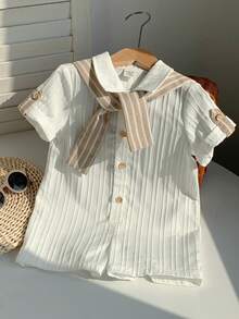 男女宝宝休闲白色短袖衬衫，条纹披肩领连体短裤，适合春夏穿着，居家或户外皆可。 - 白色 - 查看 3