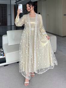 Dazy Plus Valentine Plus Size Solid Color V-Neck 3/4 Sleeve Cinched Waist Waist Elegant Maxi Dress Lace Cardigan Long Sleeve Robe Jacket, Spring/Summer/Autumn - Apricot - View 2