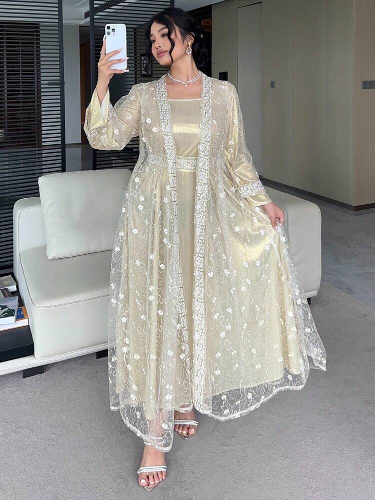 Dazy Plus Valentine Plus Size Solid Color V-Neck 3/4 Sleeve Belted Waist Elegant Maxi Dress Lace Cardigan Long Sleeve Robe Jacket, Spring/Summer/Autumn