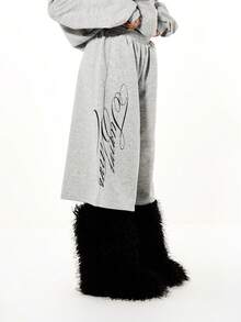 SUMWON WOMEN Oversized Wide Leg Graphic Print Jorts With Script Design And Elastic Waist For Casual Summer Comfort - Grey - View 1