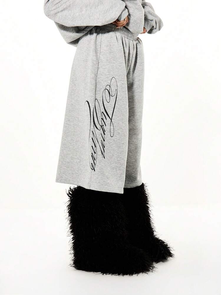 SUMWON WOMEN Wide Leg Script Print Jorts With Elastic Waist