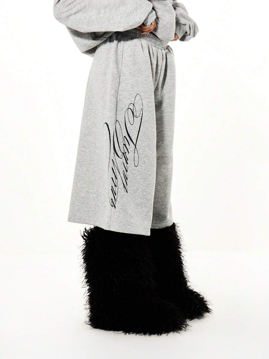 SUMWON WOMEN Oversized Wide Leg Graphic Print Jorts With Script Design And Elastic Waist For Casual Summer Comfort - Grey - View 1