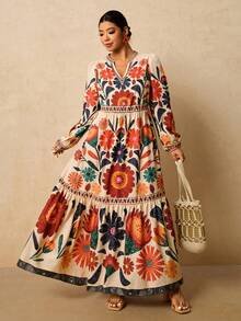 Travachic Vestido Longo Maxi Feminino Plus Size Floral Estampado de Manga Longa para Outono e Inverno, Vestido Maxi Feminino de Inverno com Decote em V, Fantasia de Halloween Estilo Boneca Vestido Longo Casual, Looks de Saída Plus Size Vestido Longo Maxi