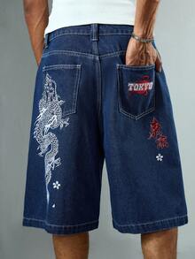 ROMWE MEN Anime Quần short denim dáng rộng, thường ngày có túi thêu họa tiết chữ dành cho nam - Màu xanh lam - Xem 9