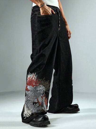 Grunge Punk Jeans holgados y de pierna ancha con botones, bordado de peces koi y flores, para uso casual, moda callejera y viajes diarios de los hombres