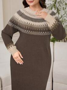 Modelyn 大码休闲宽松复古极简针织毛衣连衣裙 - 咖啡棕 - 查看 6