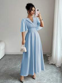 Elenzga New Women's Collared Waist Pleated Chiffon Patchwork Ruffle Sleeve Design Casual Vacation Everyday Elegant Dress - Baby Blue - View 4