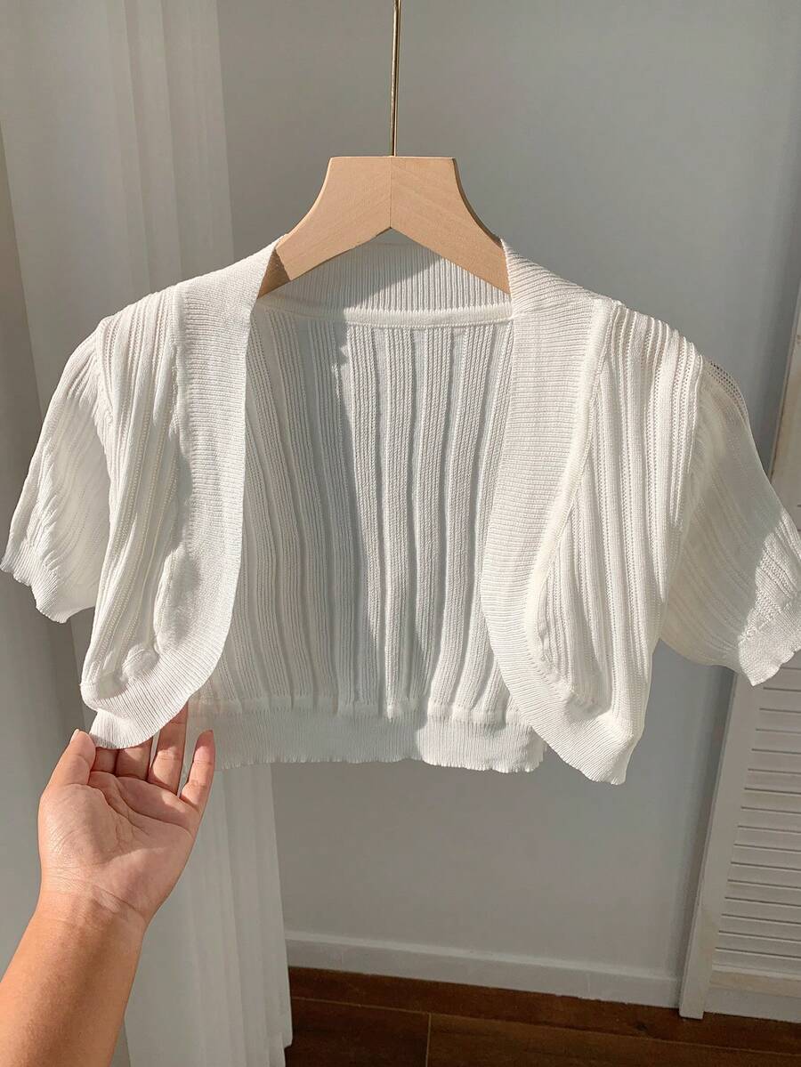 SHEIN EZwear Solid Color Summer Casual Short Sleeve Knitted Cardigan - White - View 1