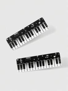 ROMWE Anime 2 Cute Black And White Piano Keys Hairpins, Retro Acrylic Duckbill Clips, Daily Design Music Note Hairpins - Black and White - View 1