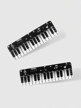 Anime 2 fermagli per capelli a forma di tasti di pianoforte bianco e nero, fermagli a becco d'anatra in acrilico retrò, fermagli per capelli a forma di note musicali per uso quotidiano