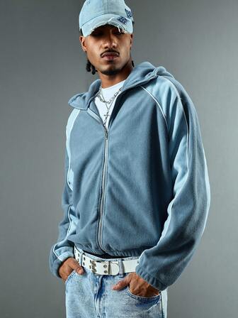 Street Life sweat-shirt à capuche zippé avec bloc de couleurs et broderie simple pour hommes, automne/hiver