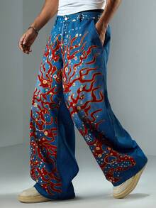 ROMWE MEN Street Life Men's Digital Print Curved Leg Jeans - Blue - View 8