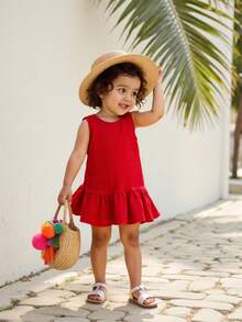 SHEIN Playful Pals Baby Girl Ruffled Sleeveless Solid Color Dress, Casual And Comfortable Princess Dress For Summer, Suitable For Outings Or Layering - Red - View 3