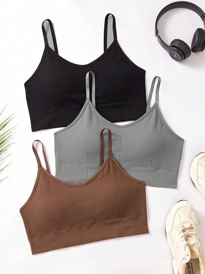 Velisys 3pcs/Pack Plus Size Seamless Solid Color Sports Bras, Medium Support