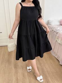 CovetEZ Vestido informal de talla grande de línea A sin mangas de color liso minimalista para primavera/verano - Negro - Ver 3