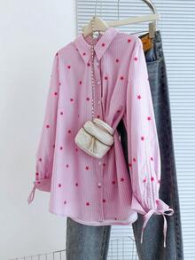 GlowEve CURVE Camicia a maniche lunghe con stampa a stelle e linee, taglia comoda, Camicia rosa per San Valentino da donna, Camicia a righe da donna, Camicia con stampa a stelle da donna, Camicia a righe rosa da donna, Camicia con bottoni e maniche lunghe casual da donna - Rosa - Visualizzare 3