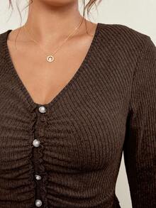 Vionelle Plus Size Pleated Striped Brushed Knit V-Neck Fitted Long Sleeve T-Shirt, Slimming, Autumn/Winter Brown Tops For Women Coffee Brown Top Brown Cardigan Dark Brown Top Brown Long Sleeve Top - Brown - View 6