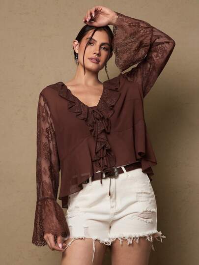 Freevana Plus Size Bohemian Brown Chiffon Lace Patchwork V-Neck Ruffle Tie Waist Flare Sleeve Blouse, Unique Design Spring Shirt For Women