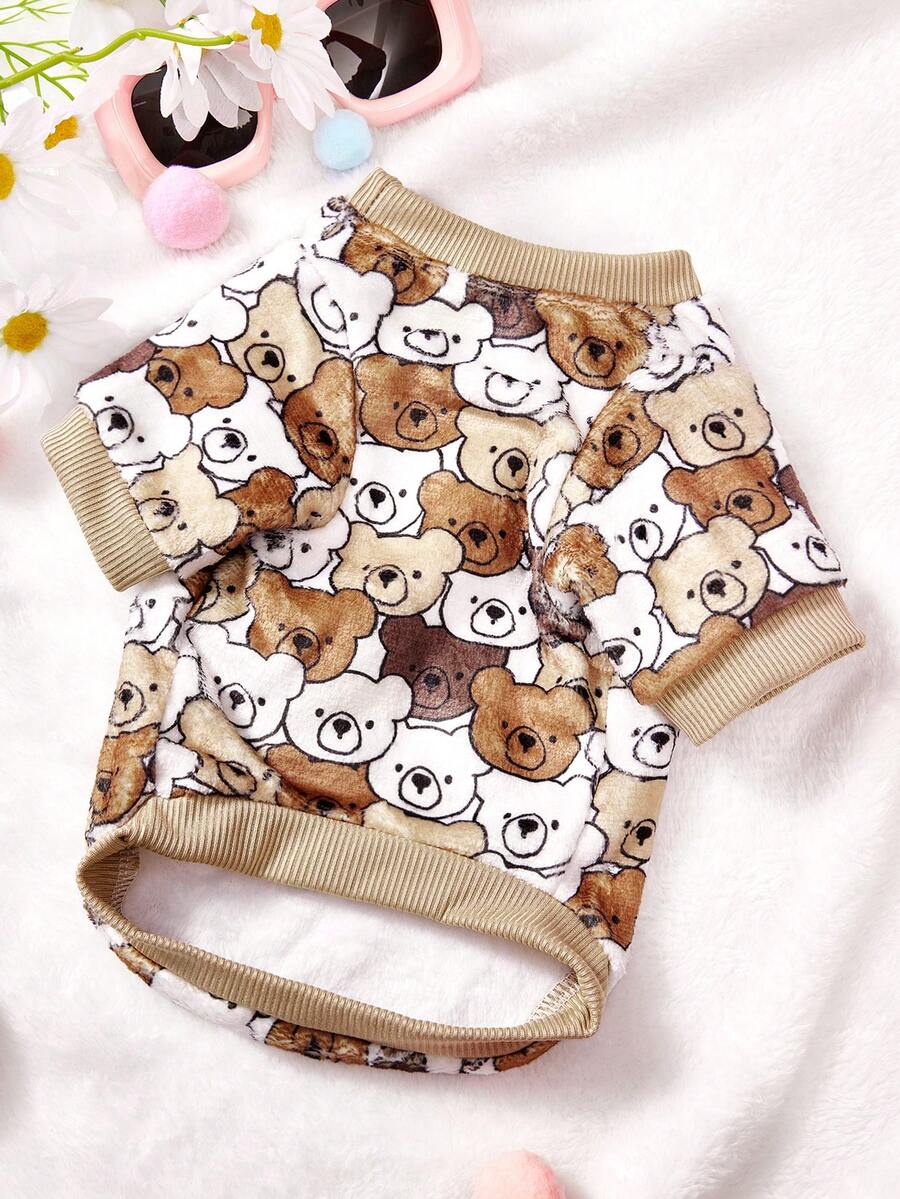 PETSIN 1件混色泰迪熊字母印花法兰绒宠物服，秋冬季加厚保暖宠物服装 - 彩色 - 查看 1